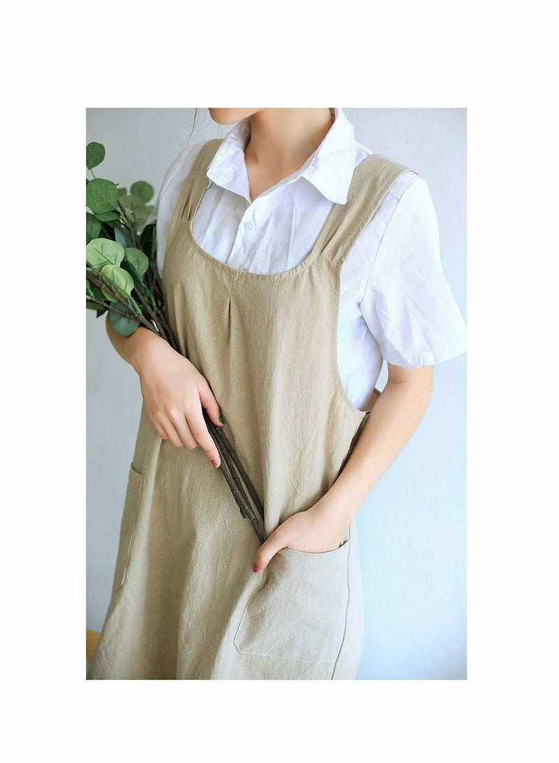 Y&D Soft Cotton Linen Apron Cross Back X-Shaped Japanese Style Pinafore Dress for Cooking, Housewarming, Daily Chores (Khaki) - Image 2