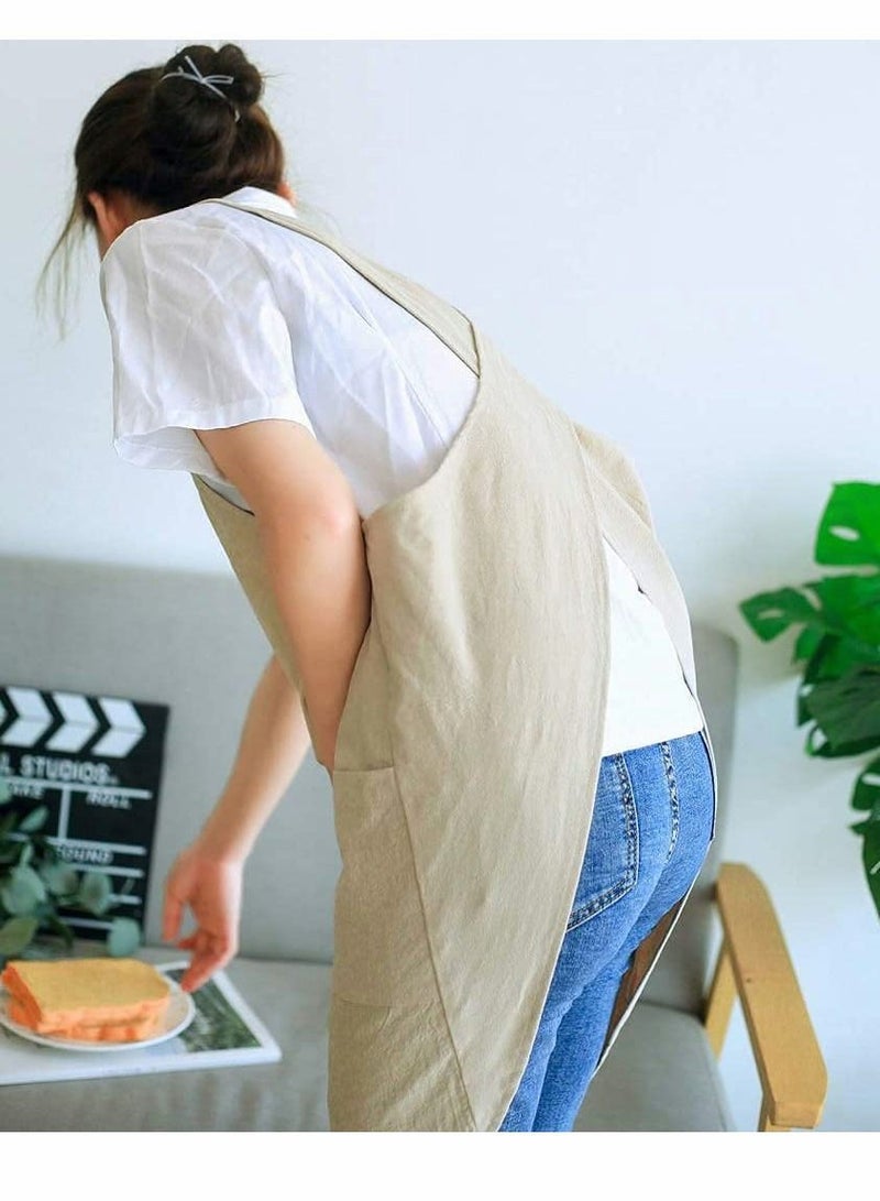 Y&D Soft Cotton Linen Apron Cross Back X-Shaped Japanese Style Pinafore Dress for Cooking, Housewarming, Daily Chores (Khaki) - Image 5