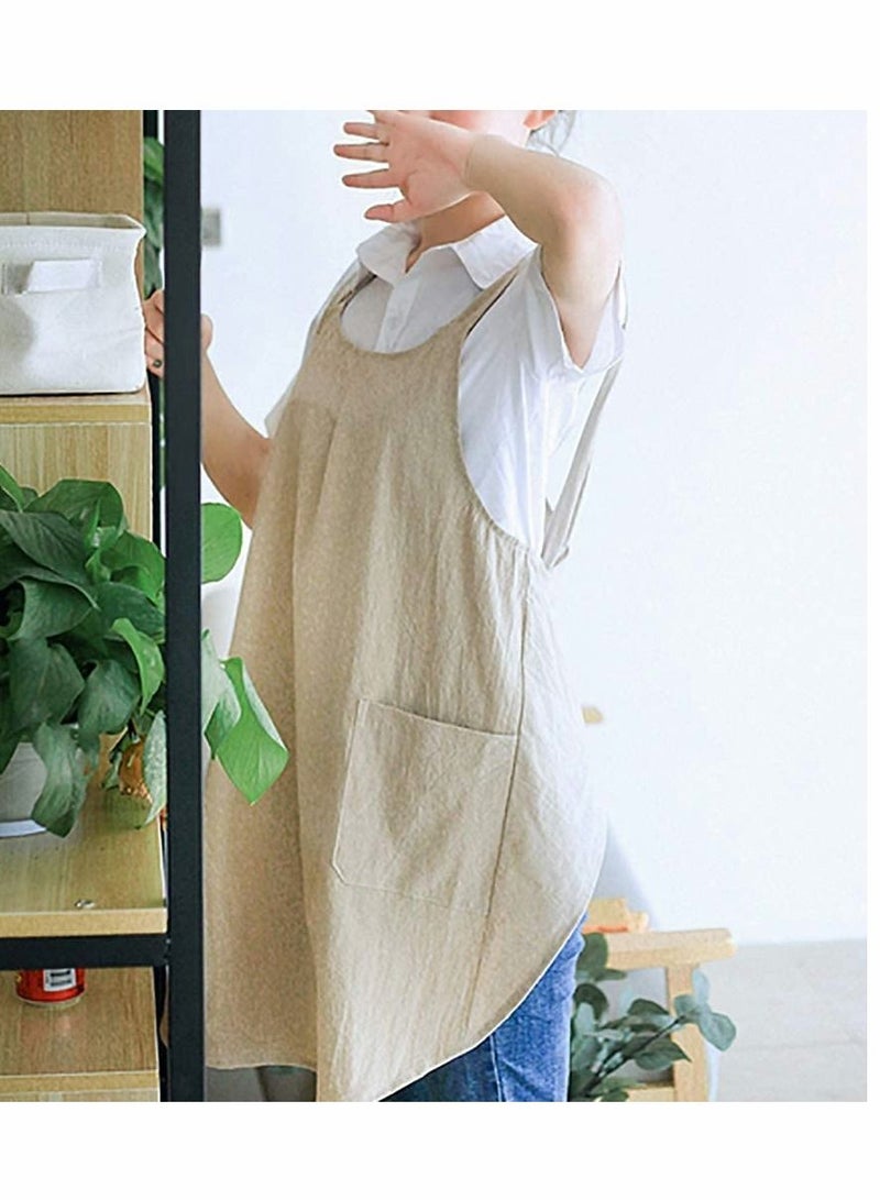 Y&D Soft Cotton Linen Apron Cross Back X-Shaped Japanese Style Pinafore Dress for Cooking, Housewarming, Daily Chores (Khaki) - Image 4