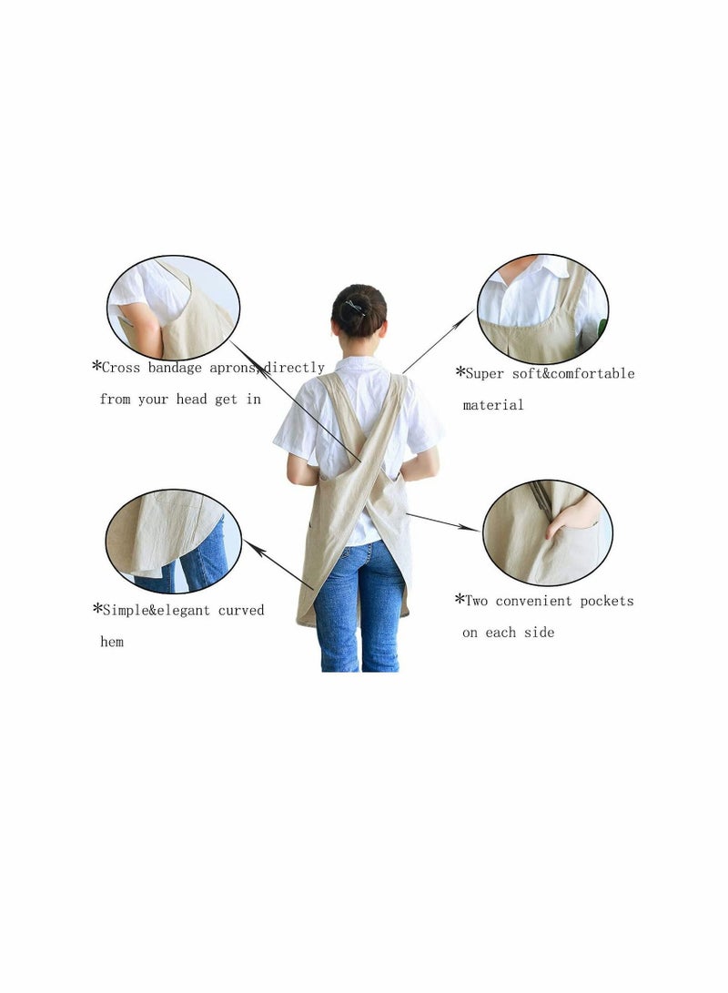 Y&D Soft Cotton Linen Apron Cross Back X-Shaped Japanese Style Pinafore Dress for Cooking, Housewarming, Daily Chores (Khaki) - Image 3