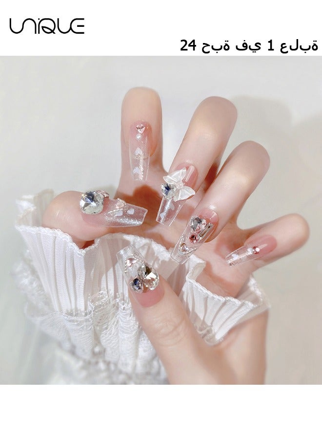 Unique 24Pcs Fake Nails, Press Nails, Mid-length Ballet Manicure - Gradient Pink Shiny Heart Manicure - Pink Diamond Bow Manicure - Fake Nail Patch - Image 1