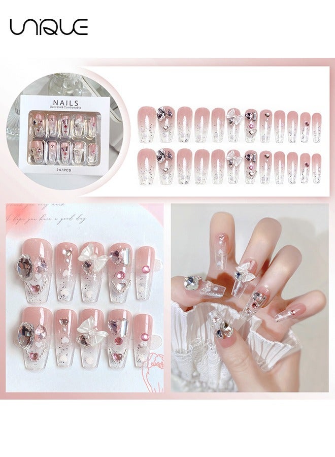 Unique 24Pcs Fake Nails, Press Nails, Mid-length Ballet Manicure - Gradient Pink Shiny Heart Manicure - Pink Diamond Bow Manicure - Fake Nail Patch - Image 2