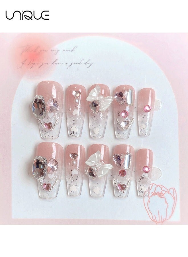 Unique 24Pcs Fake Nails, Press Nails, Mid-length Ballet Manicure - Gradient Pink Shiny Heart Manicure - Pink Diamond Bow Manicure - Fake Nail Patch - Image 3