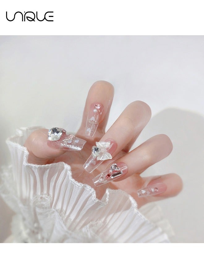 Unique 24Pcs Fake Nails, Press Nails, Mid-length Ballet Manicure - Gradient Pink Shiny Heart Manicure - Pink Diamond Bow Manicure - Fake Nail Patch - Image 4