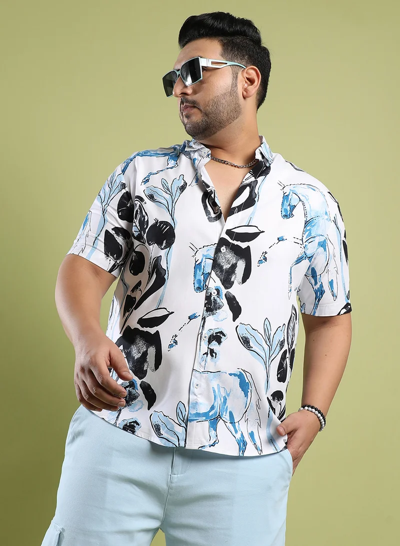 انستافاب بلس Instafab Plus Men's Black & Blue Foliage Horse Shirt For Casual Wear | Spread Collar | Short Sleeve | Button Closure | Heavy Rayon Shirt Crafted With Comfort Fit For Everyday Wear