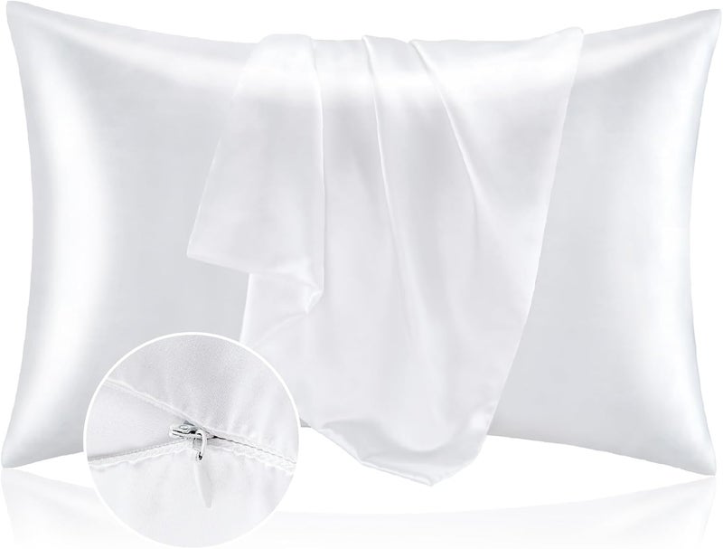 BEDELITE Multiple design variants Satin Pillowcase with Zipper, White King Size Pillow Cases Set of 2, Super Soft and Cooling Similar to Silk Pillow Cases, Gift for Women Men(20x36 Inches) Long term storage compatible - Image 1