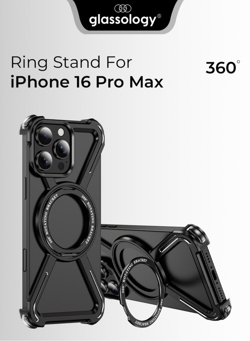 جلاسولوجي iPhone 16 Pro Max Borderless Frameless Case Black Titanium Featuring 360° Rotating Adjustable Ring Stand, Magnetic Case, Shockproof Design, and Wireless Charging Compatibility - Image 1