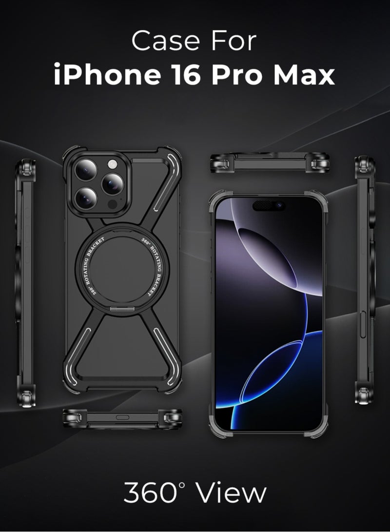 جلاسولوجي iPhone 16 Pro Max Borderless Frameless Case Black Titanium Featuring 360° Rotating Adjustable Ring Stand, Magnetic Case, Shockproof Design, and Wireless Charging Compatibility - Image 2