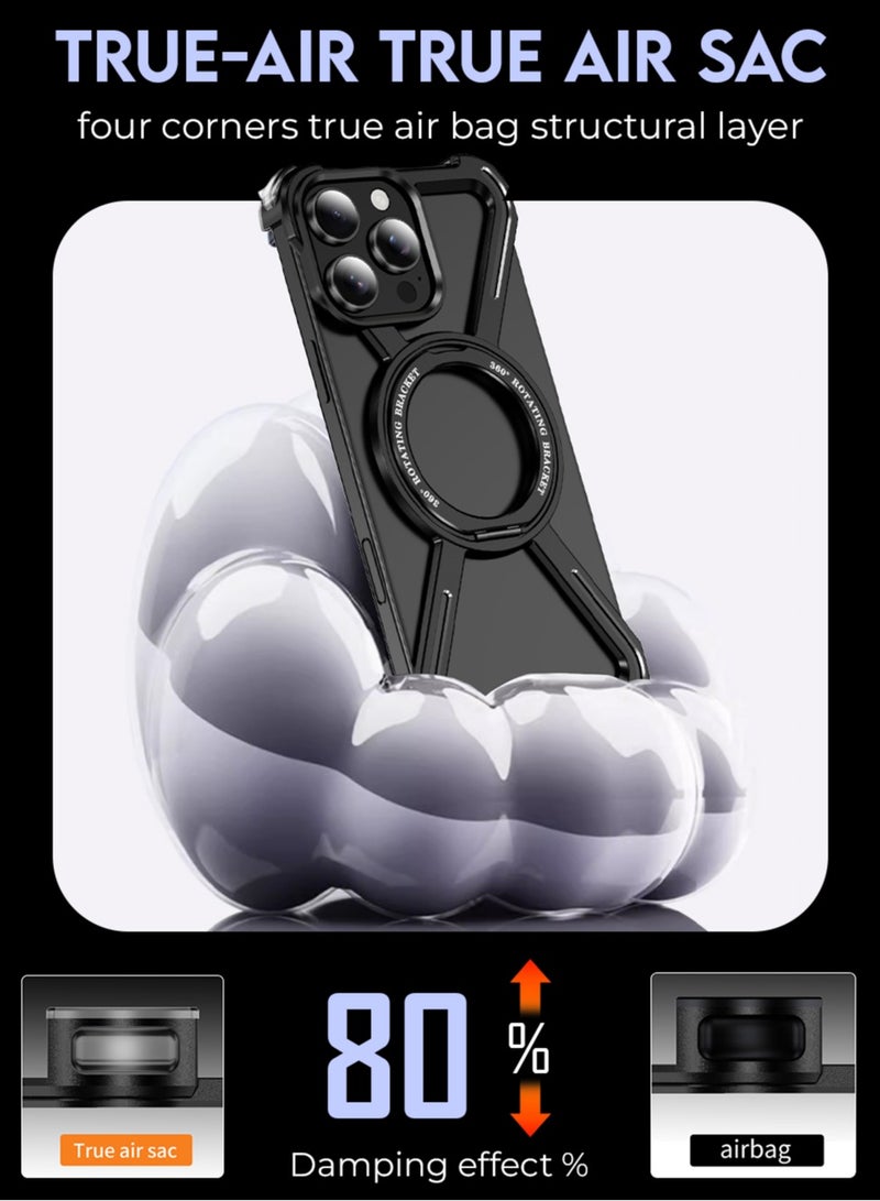 جلاسولوجي iPhone 16 Pro Max Borderless Frameless Case Black Titanium Featuring 360° Rotating Adjustable Ring Stand, Magnetic Case, Shockproof Design, and Wireless Charging Compatibility - Image 4