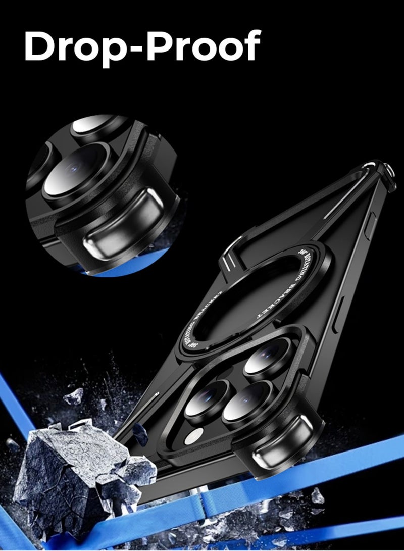 جلاسولوجي iPhone 16 Pro Max Borderless Frameless Case Black Titanium Featuring 360° Rotating Adjustable Ring Stand, Magnetic Case, Shockproof Design, and Wireless Charging Compatibility - Image 3