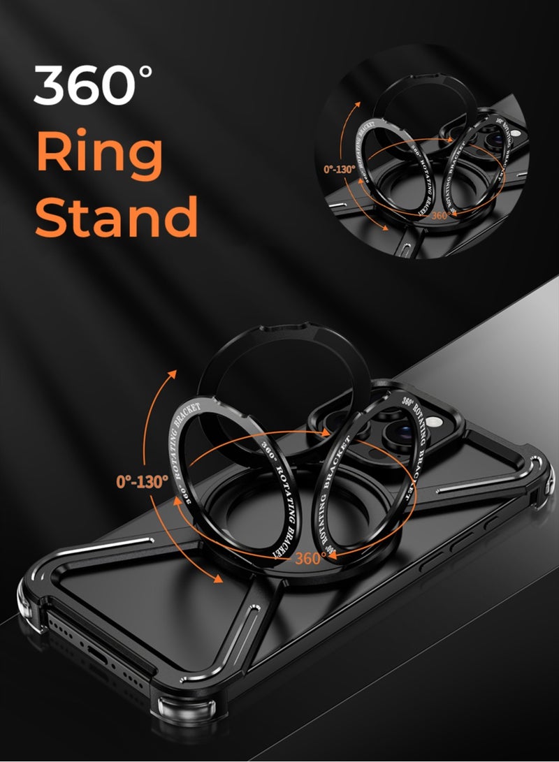 جلاسولوجي iPhone 16 Pro Max Borderless Frameless Case Black Titanium Featuring 360° Rotating Adjustable Ring Stand, Magnetic Case, Shockproof Design, and Wireless Charging Compatibility - Image 5