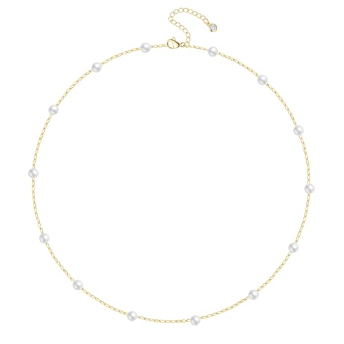 FUNEIA Dainty Pearl Necklace for Women 14K Gold Plated Faux Pearl Choker Necklaces Trendy White Silver Small Pearl Necklace Strand Wedding Prom Bridal Pearls Jewelry 14/16/18/20 Inches - Image 1