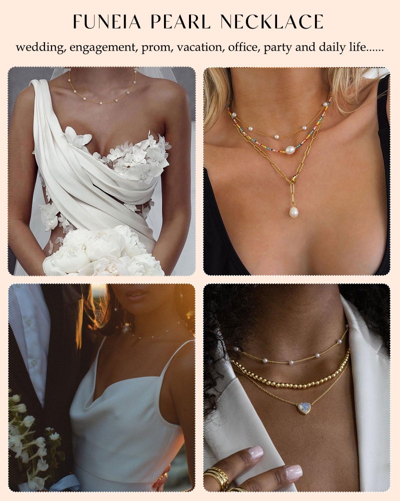 FUNEIA Dainty Pearl Necklace for Women 14K Gold Plated Faux Pearl Choker Necklaces Trendy White Silver Small Pearl Necklace Strand Wedding Prom Bridal Pearls Jewelry 14/16/18/20 Inches - Image 5