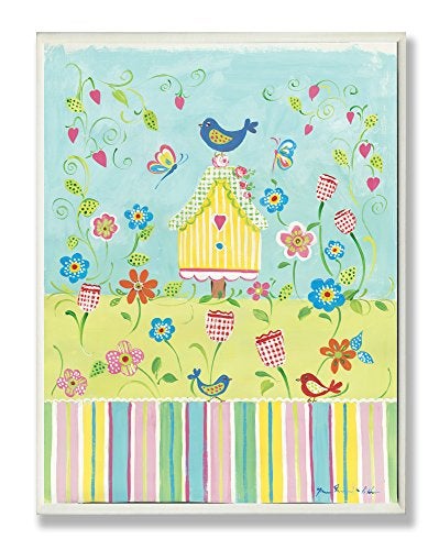 Stupell Industries The Kids Room by Stupell Yellow Birdhouse with Stripes Rectangle Wall Plaque - Image 1