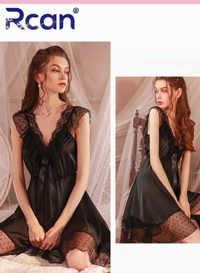 Rcan European Fashion Babydoll V-Neck Lingerie For Women's Home Underwear Silk Satin Backless Sling Ladies Boudoir Dress Sleepwear Nightdress - Image 2
