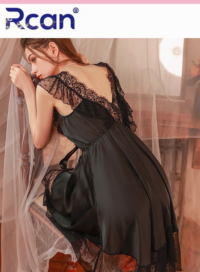 Rcan European Fashion Babydoll V-Neck Lingerie For Women's Home Underwear Silk Satin Backless Sling Ladies Boudoir Dress Sleepwear Nightdress - Image 4