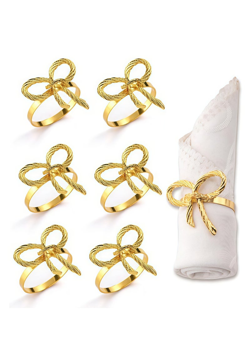 6Pcs Bow Napkin Rings Vintage Gold Ring Holders for Table Setting Elegant Cloth Napkins with Unique Design Ideal for Wedding Dinner Party and Holiday Decorations - Image 1