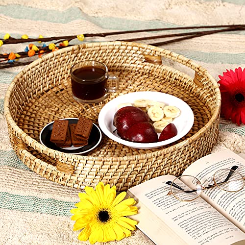 AKWAY Round Wicker Basket | Tray Wooden Serving Tray for Home | Serving Tray for Party Guests | Round Platter with Handles Diwali or Deepawali Gifts (13W x 13L x 3H inch)(Beige) - Image 1