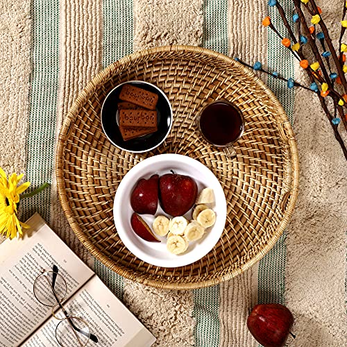 AKWAY Round Wicker Basket | Tray Wooden Serving Tray for Home | Serving Tray for Party Guests | Round Platter with Handles Diwali or Deepawali Gifts (13W x 13L x 3H inch)(Beige) - Image 3