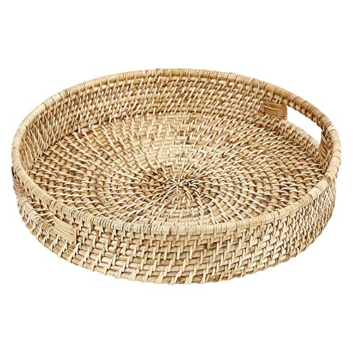 AKWAY Round Wicker Basket | Tray Wooden Serving Tray for Home | Serving Tray for Party Guests | Round Platter with Handles Diwali or Deepawali Gifts (13W x 13L x 3H inch)(Beige) - Image 2