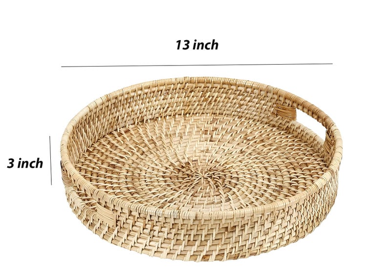 AKWAY Round Wicker Basket | Tray Wooden Serving Tray for Home | Serving Tray for Party Guests | Round Platter with Handles Diwali or Deepawali Gifts (13W x 13L x 3H inch)(Beige) - Image 4