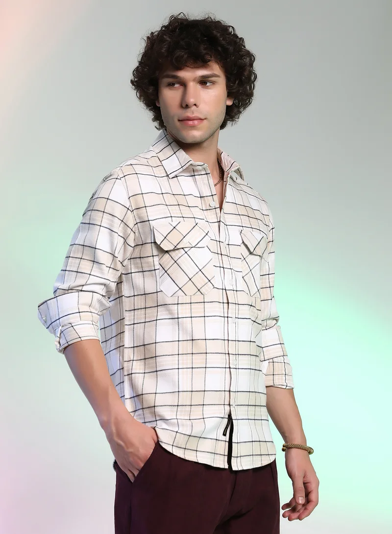 كامبوس سوترا Men's Saltbox Beige Checkered Utility Shirt