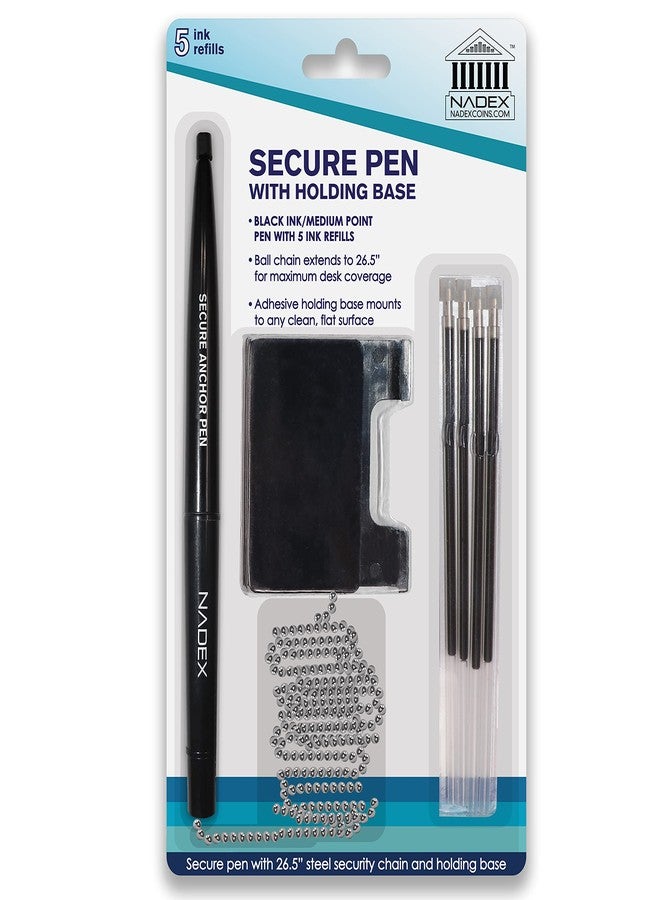 Nadex Pen with Security Chain And Base Mount | Set of 1 Pen, 1 Adhesive Mount, and 5 Refills (Black) - Image 1