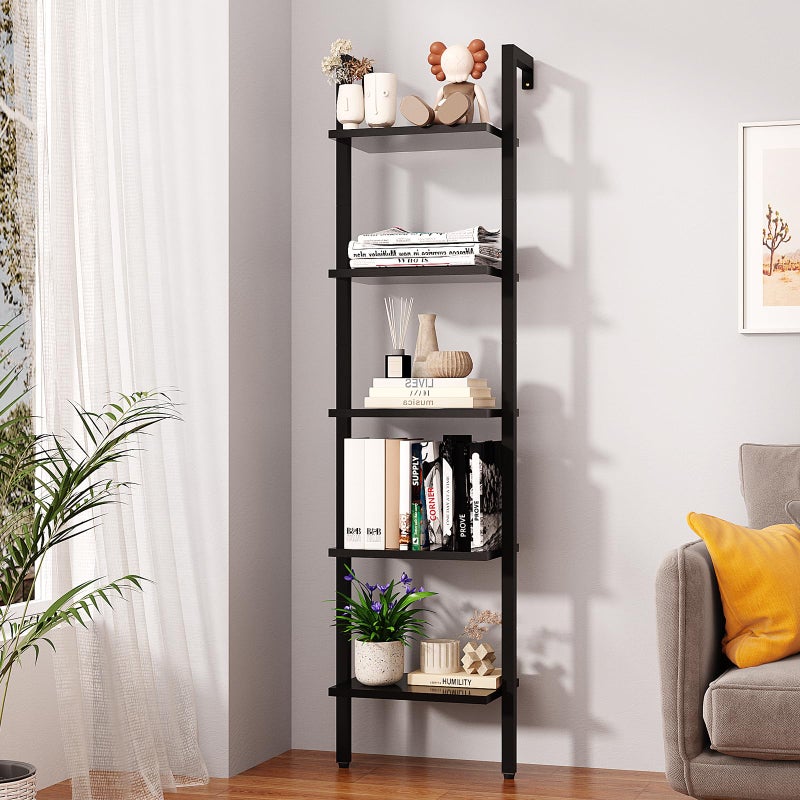 YMYNY YMYNY 5 Tiers Narrow Ladder Bookcase Industrial Wall Mounted Bookshelf Open Display Rack with Metal Frame Wooden Storage Shelves for Bedroom Home Office Living Room Black 70173118UHBC015B 