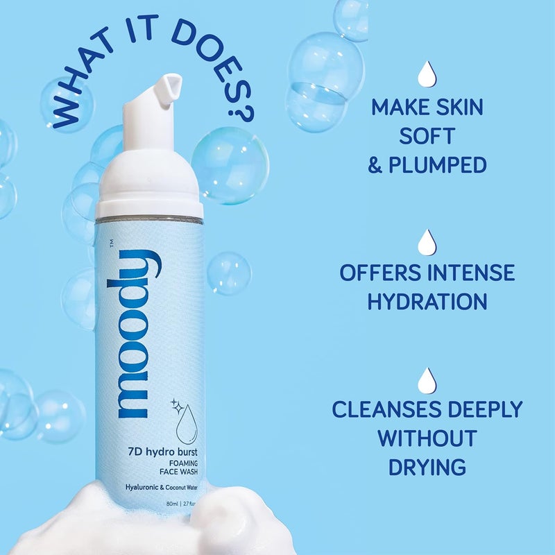 Moody 7D Hydro Burst Foaming Face Wash with Hyaluronic Acid Coconut Deep Pore Cleansing Face Wash for Glowing Skin NonDrying Gentle Cleanser Sulphate Free Vegan Men Women80 ml - Image 2