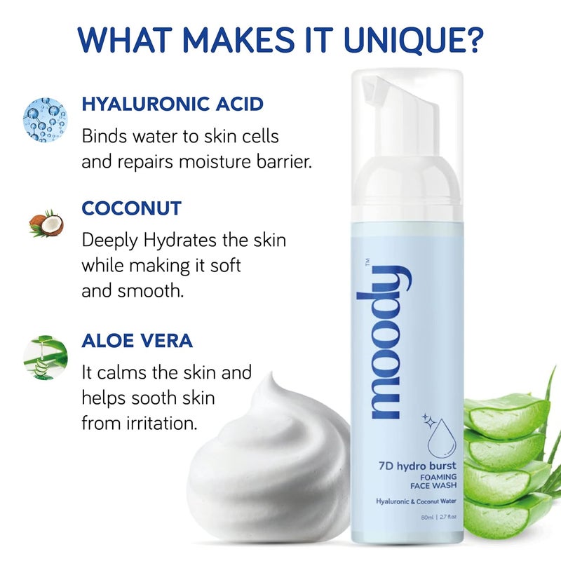 Moody 7D Hydro Burst Foaming Face Wash with Hyaluronic Acid Coconut Deep Pore Cleansing Face Wash for Glowing Skin NonDrying Gentle Cleanser Sulphate Free Vegan Men Women80 ml - Image 3