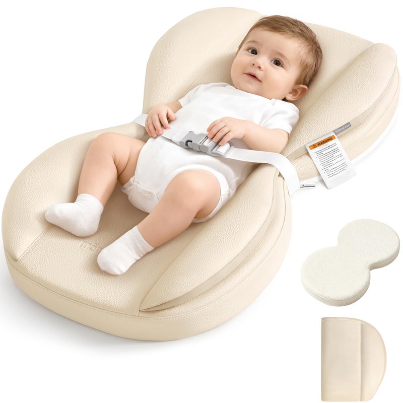 mamatepe Baby Changing Pad, Waterproof Wipe-Clean PU Leather with High-Density Foam, Non-Slip Contoured Cushioned Edges with Adjustable Safety Strap, for Dresser & Changing Table, 28"Ã—16", Beige - Image 1