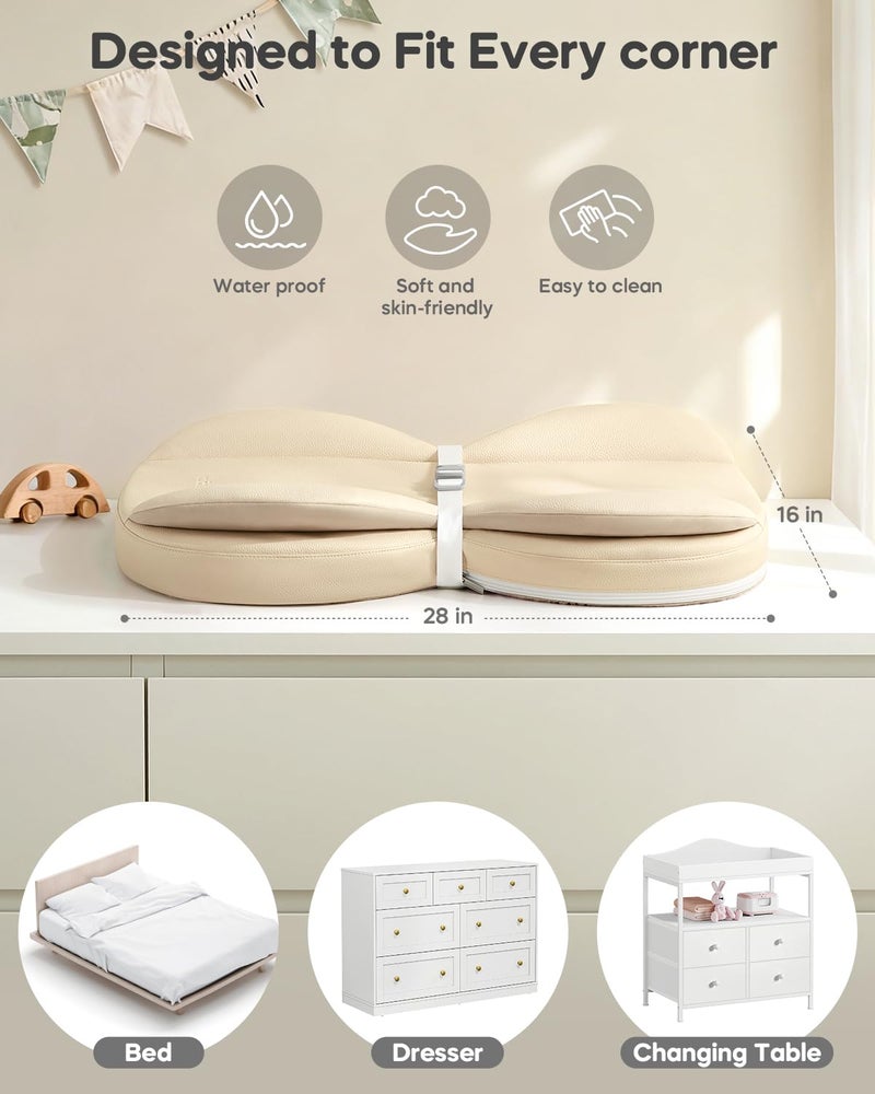 mamatepe Baby Changing Pad, Waterproof Wipe-Clean PU Leather with High-Density Foam, Non-Slip Contoured Cushioned Edges with Adjustable Safety Strap, for Dresser & Changing Table, 28"Ã—16", Beige - Image 5