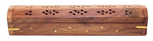 Govinda Wooden Coffin Incense Burner - 12" - Brass Inlays - Storage Compartment - Vines - Image 3