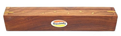 Govinda Wooden Coffin Incense Burner - 12" - Brass Inlays - Storage Compartment - Vines - Image 2