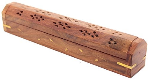Govinda Wooden Coffin Incense Burner - 12" - Brass Inlays - Storage Compartment - Vines - Image 4