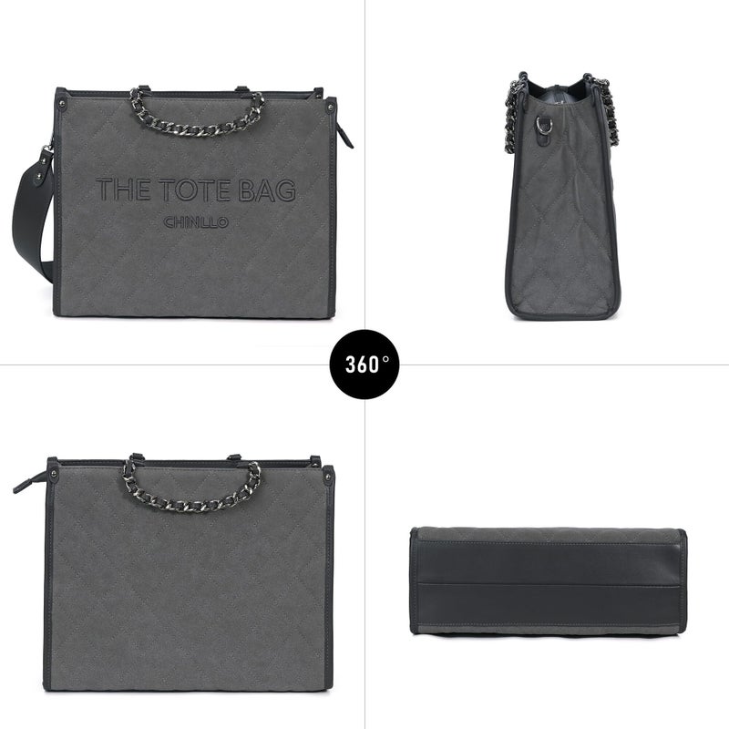 Chinllo Tote Bag for Women Quilted Chains Satchel Purse and Handbags with Shoulder Strap (E.Grey-Ms) - Image 5