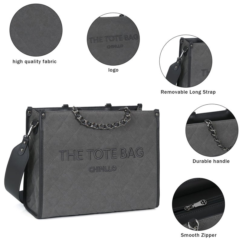 Chinllo Tote Bag for Women Quilted Chains Satchel Purse and Handbags with Shoulder Strap (E.Grey-Ms) - Image 3