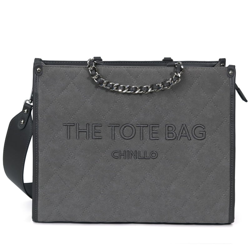 Chinllo Tote Bag for Women Quilted Chains Satchel Purse and Handbags with Shoulder Strap (E.Grey-Ms) - Image 1