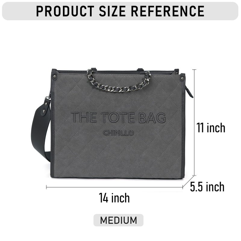 Chinllo Tote Bag for Women Quilted Chains Satchel Purse and Handbags with Shoulder Strap (E.Grey-Ms) - Image 2
