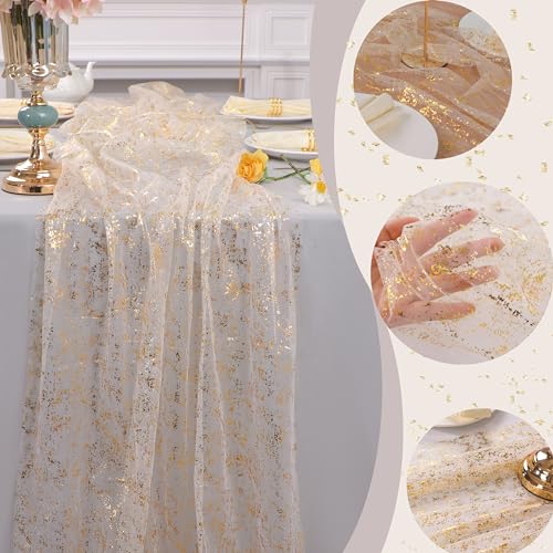 Snowkingdom 10 Ft Gold Table Runner, Sheer Gauze Chiffon Tulle Cheesecloth Sequin Glitter Metallic Foil, Table Decorations for Home Wedding Anniversary Party Birthday Holiday Christmas Thanksgiving - Image 3