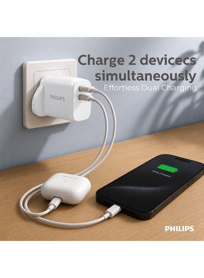 Philips 25W Wall Charger, Dual Port USB-C PD & USB-A QC 3.0 Fast Charging Adapter, Smart Protection, Compatible with iPhone, Samsung & Tablets - White - Image 4
