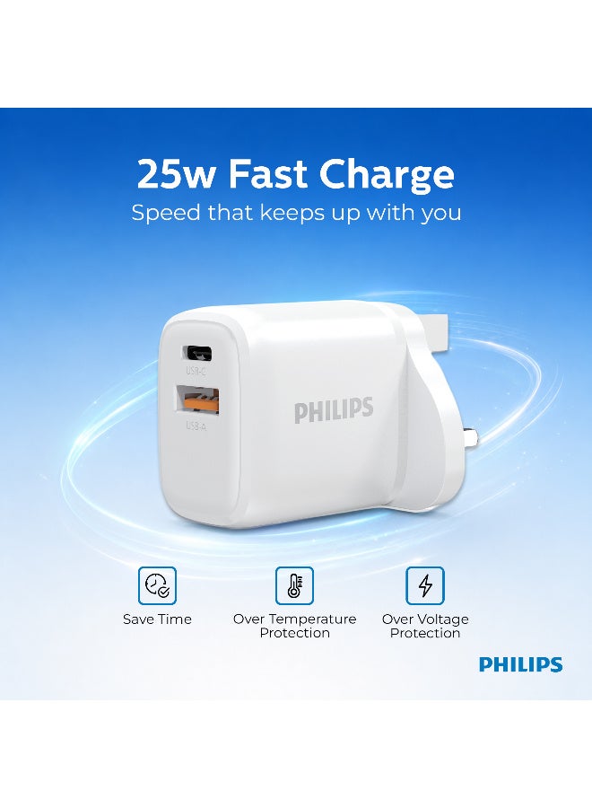 Philips 25W Wall Charger, Dual Port USB-C PD & USB-A QC 3.0 Fast Charging Adapter, Smart Protection, Compatible with iPhone, Samsung & Tablets - White - Image 3