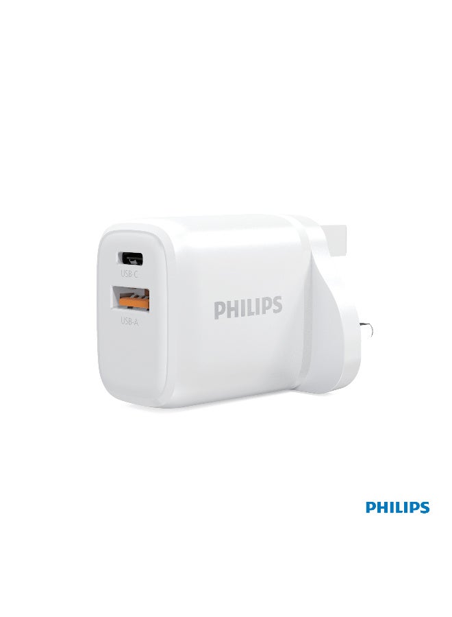 Philips 25W Wall Charger, Dual Port USB-C PD & USB-A QC 3.0 Fast Charging Adapter, Smart Protection, Compatible with iPhone, Samsung & Tablets - White - Image 1