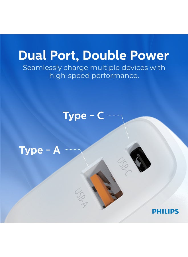 Philips 25W Wall Charger, Dual Port USB-C PD & USB-A QC 3.0 Fast Charging Adapter, Smart Protection, Compatible with iPhone, Samsung & Tablets - White - Image 5