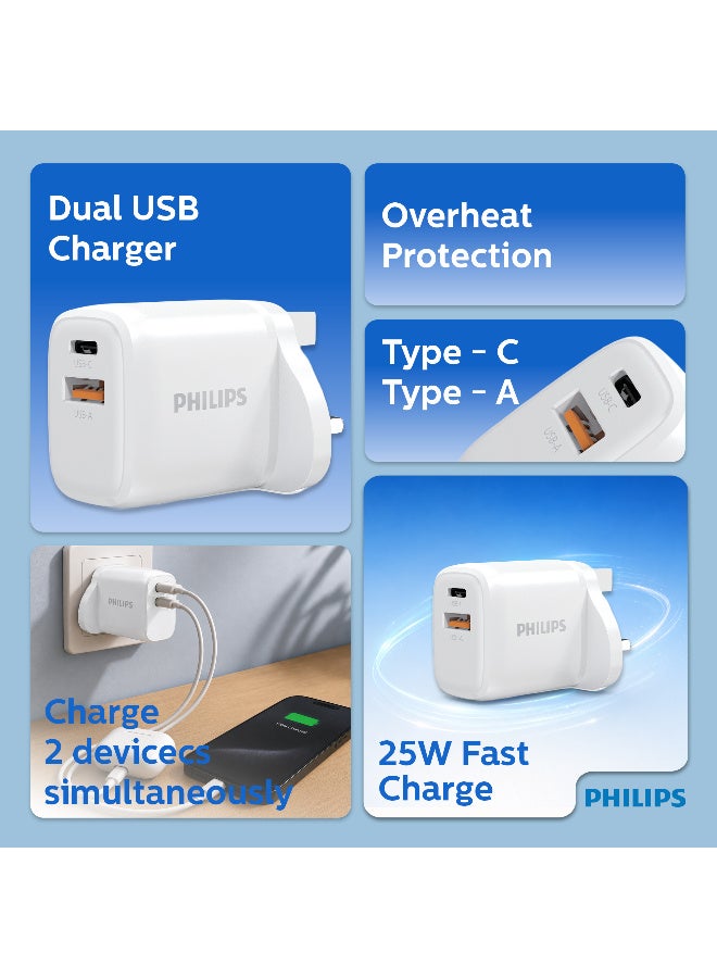 Philips 25W Wall Charger, Dual Port USB-C PD & USB-A QC 3.0 Fast Charging Adapter, Smart Protection, Compatible with iPhone, Samsung & Tablets - White - Image 2