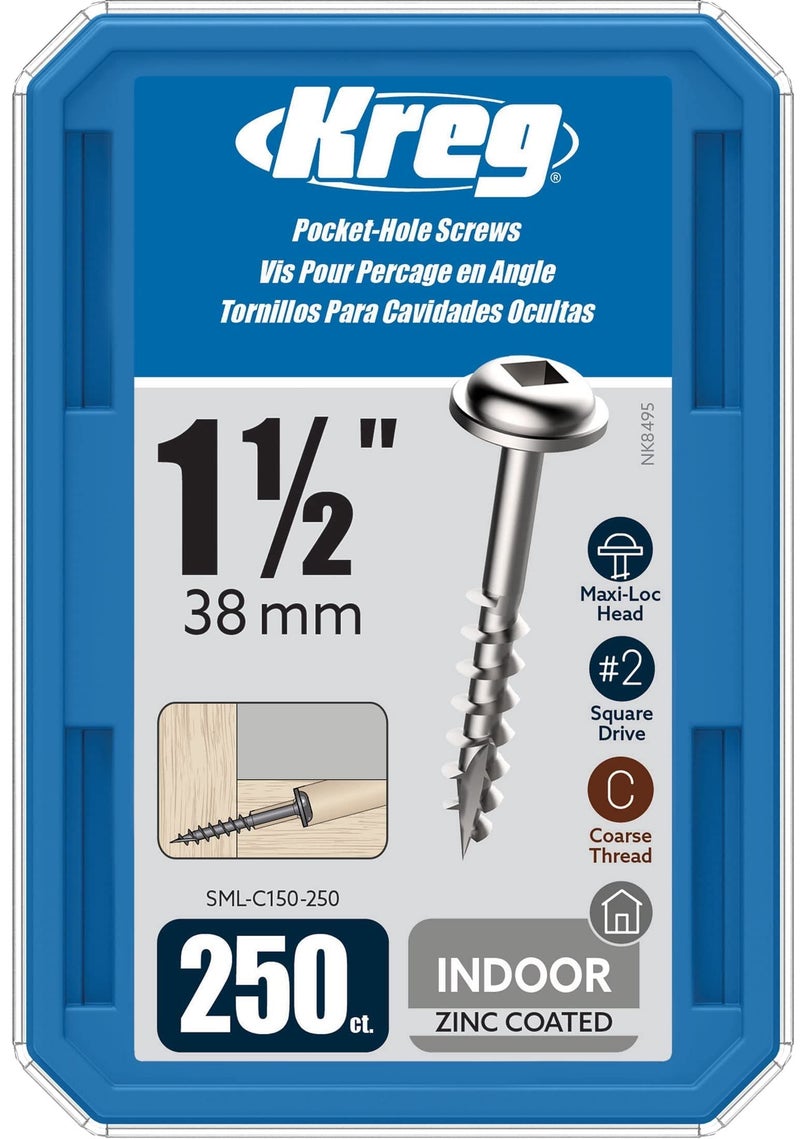 Kreg SML-C150-250 Zinc Pocket Screws, 1-1/2 Inch #8 Coarse Thread, Maxi-Loc Head (250 Count) - Image 1