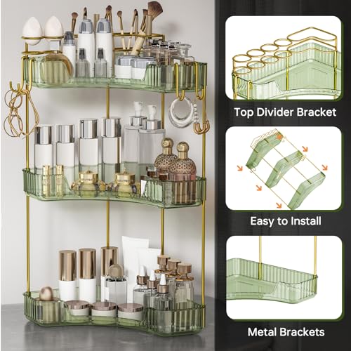Greenby 3-Tier Corner Bathroom Counter Organizer，Makeup & Skincare Shelf with Built-in Brush Holder，Space-Saving Bathroom Countertop Organizer for Skincare, Perfume, Cosmetics(Green) - Image 3
