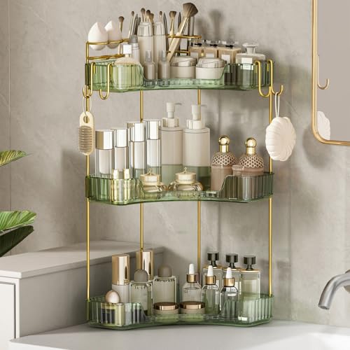 Greenby 3-Tier Corner Bathroom Counter Organizer，Makeup & Skincare Shelf with Built-in Brush Holder，Space-Saving Bathroom Countertop Organizer for Skincare, Perfume, Cosmetics(Green) - Image 1