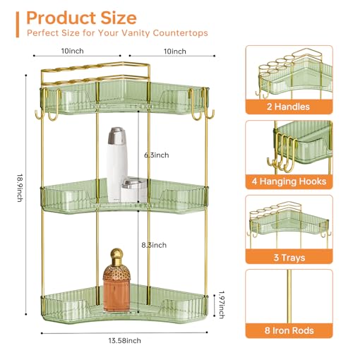 Greenby 3-Tier Corner Bathroom Counter Organizer，Makeup & Skincare Shelf with Built-in Brush Holder，Space-Saving Bathroom Countertop Organizer for Skincare, Perfume, Cosmetics(Green) - Image 2
