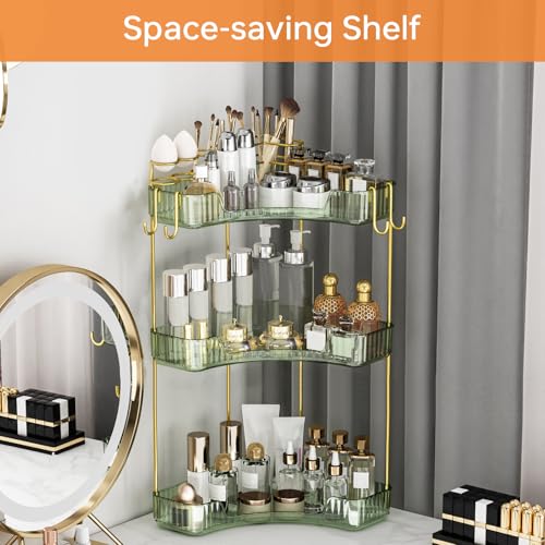 Greenby 3-Tier Corner Bathroom Counter Organizer，Makeup & Skincare Shelf with Built-in Brush Holder，Space-Saving Bathroom Countertop Organizer for Skincare, Perfume, Cosmetics(Green) - Image 4